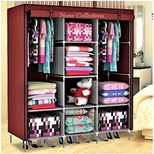 Home Fashion 3 Column Cloth & Wooden Frame Portable Wardrobe – Maroon