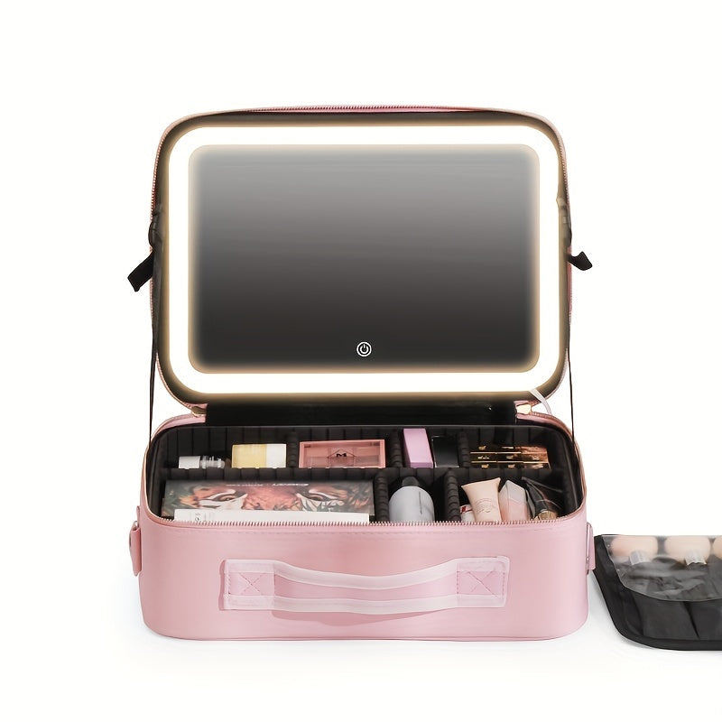 Makeup Travel Bag with LED Lighted Mirror Adjustable Brightness