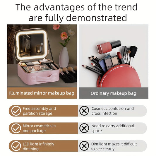Makeup Travel Bag with LED Lighted Mirror Adjustable Brightness